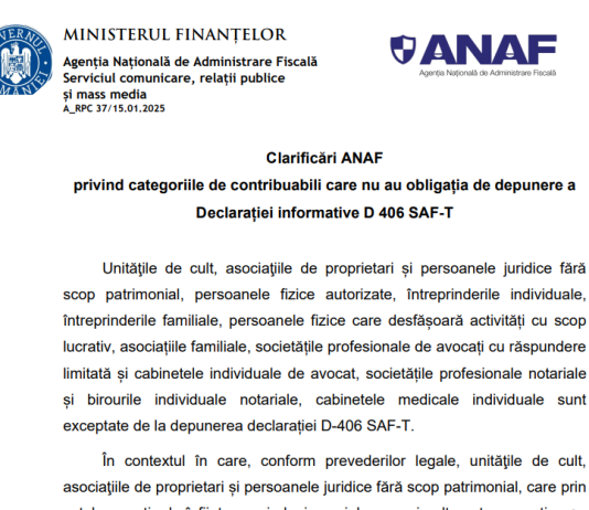 Clarificări ANAF – privind categoriile de contribuabili care nu au obligația de depunere a Declarației informative D 406 (SAF-T)