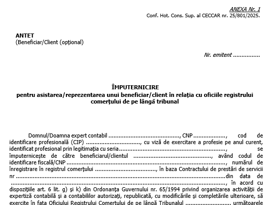 Model împuternicire pentru experții contabili CECCAR – pentru asistare/reprezentare beneficiarii/clienții in relația cu ONRC (editabil)