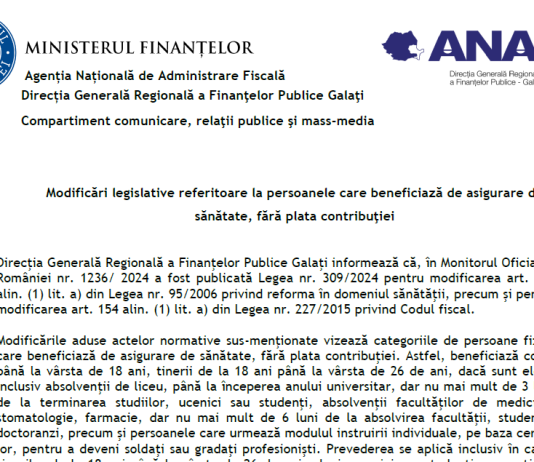 ANAF (2025) – persoanele care beneficiază de asigurare de sănătate, fără plata contribuției (info modificări legislative)