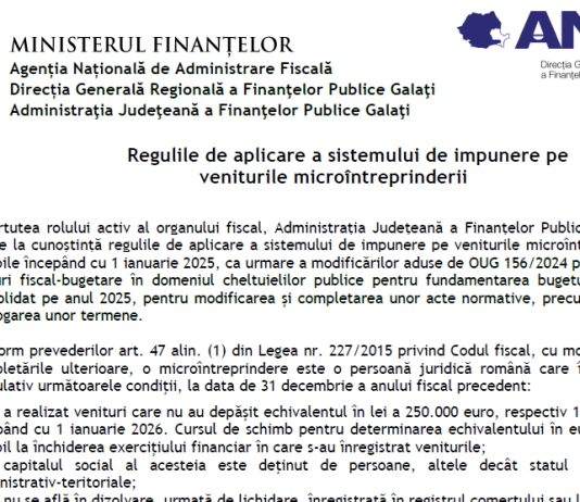 Regulile de aplicare a sistemului de impunere pe veniturile microîntreprinderii începând cu 2025 – oficial ANAF