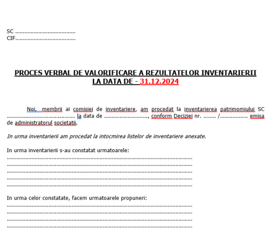 Proces-Verbal de valorificare a rezultatelor inventarierii la 31.12.2024 – model necesar pentru dosar inventar anual (editabil, orientativ, gratuit)