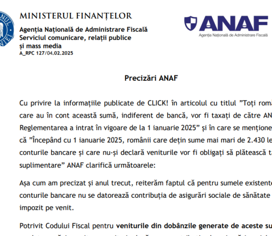 Precizări ANAF – pentru veniturile din dobânzile generate de depozite se datorează impozit pe venit și, după caz, CASS