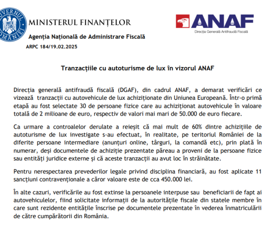 ATENTIE – tranzacțiile cu autoturisme de lux în vizorul ANAF (valori mari, plăți în numerar, etc)