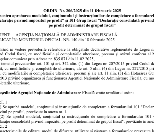OPANAF nr. 206/2025 – noul formular D 101 „Declarație privind impozitul pe profit” (care sunt noile modificări)