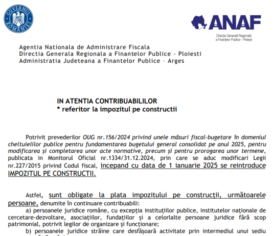 ANAF (in atenția contribuabililor) – referitor la impozitul pe construcții (obligații, plată, declarare, termene, etc.)