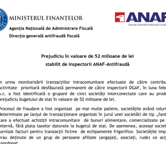 Prejudiciu în valoare de 52 milioane de lei stabilit de inspectorii ANAF-Antifraudă (monitorizare tranzacții intracomunitare)