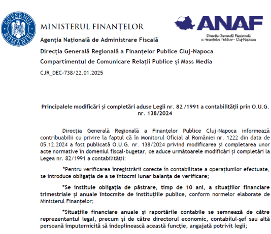 ANAF (oficial) – principalele modificări și completări aduse Legii nr. 82 /1991 a contabilității prin O.U.G. nr. 138/2024
