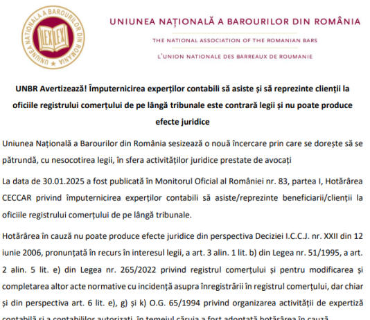 UNBR avertizează – împuternicirea experților contabili să asiste și să reprezinte clienții la oficiile registrului comerțului de pe lângă tribunale este contrară legii și nu poate produce efecte juridice