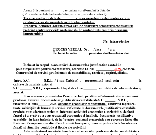 Proces-Verbal consemnare preluare documente pentru contabilizare – model 2025