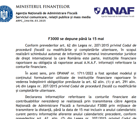 ANAF (oficial) – F3000 se depune până la 15 mai 2025