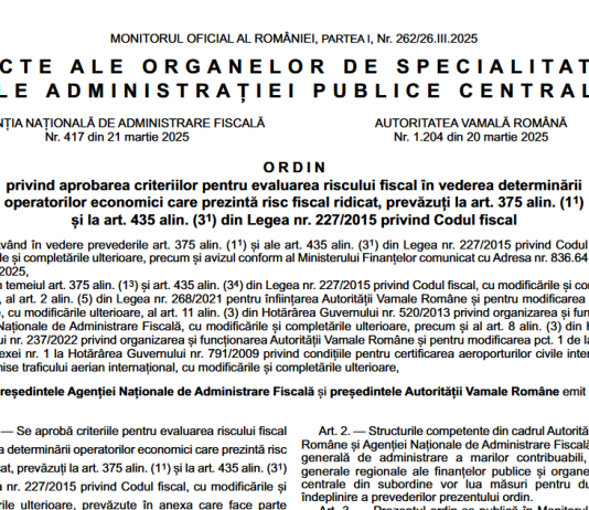 OPANAF nr. 417/2025 – criteriile pentru evaluarea riscului fiscal în vederea determinării operatorilor economici care prezintă risc fiscal ridicat
