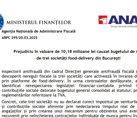 NEWS – prejudiciu în valoare de 10,18 milioane lei cauzat bugetului de stat de trei societăți food-delivery din București