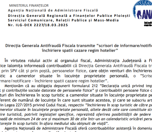 NEWS – Direcția Generala Antifraudă Fiscala transmite ”scrisori de informare/notificare – închiriere spatii cazare regim hotelier”