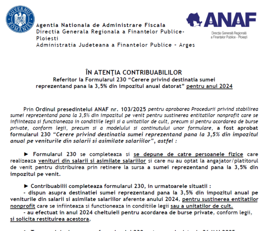 ANAF (oficial) – Formularul 230 “Cerere privind destinația sumei reprezentând pana la 3,5% din impozitul anual datorat” pentru anul 2024