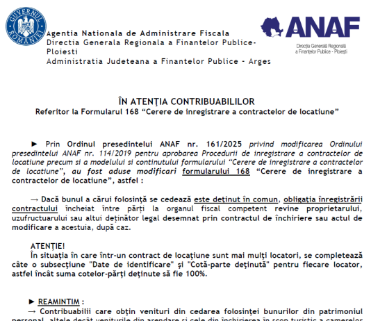 Formularul 168 “Cerere de înregistrare a contractelor de locațiune” – info ANAF (2025)