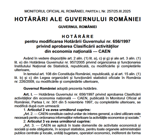 HG nr. 284/2025 – termenul oficial pentru actualizarea codurilor CAEN la versiunea CAEN Rev. 3 (modificarea HG nr. 656/1997)