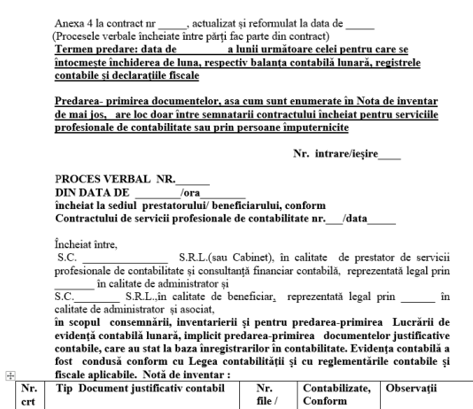 Model orientativ (2025) – Proces-Verbal predare lucrare de evidență contabilă lunară