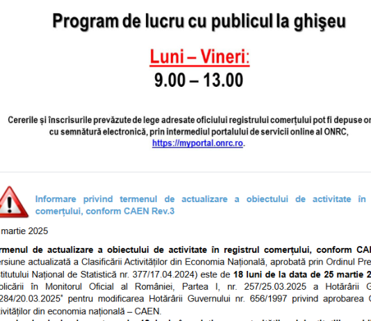 ONRC – informare privind termenul de actualizare a obiectului de activitate în registrul comerțului, conform CAEN Rev.3