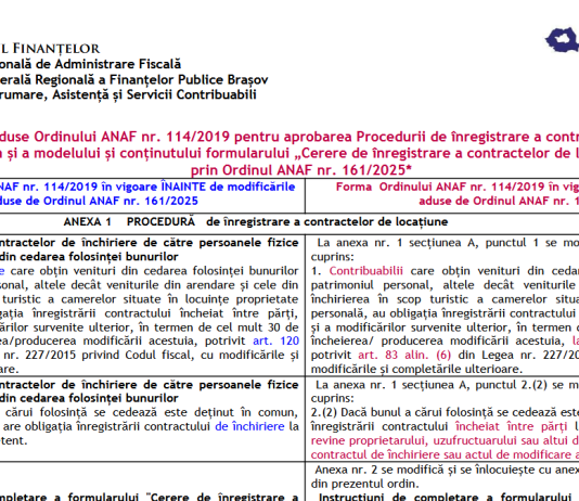 ANAF – modificări aduse OPANAF nr. 114/2019 prin OPANAF nr. 161/2025 (procedura de înregistrare a contractelor de locațiune)