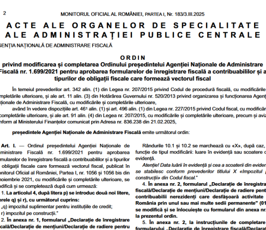 OPANAF nr. 252/2025 – aprobarea noilor formulare de înregistrare fiscală (010, 013, 700)