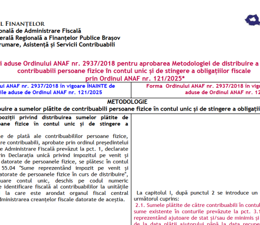 ANAF – modificări aduse OANAF nr. 2937/2018 de OANAF nr. 121/2025 (distribuire sume plătite în contul unic și de stingere obligaţii fiscale)