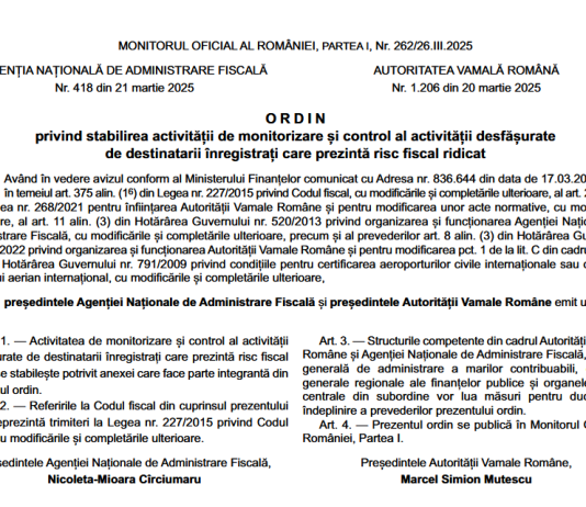 OPANAF nr. 418/2025 – stabilirea activității de monitorizare și control al activității desfășurate de destinatarii înregistrați care prezintă risc fiscal ridicat