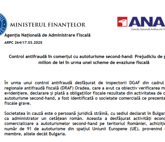 NEWS – control ANAF Antifraudă în comerțul cu autoturisme second-hand: Prejudiciu de peste 1 milion de lei în urma unei scheme de evaziune fiscală