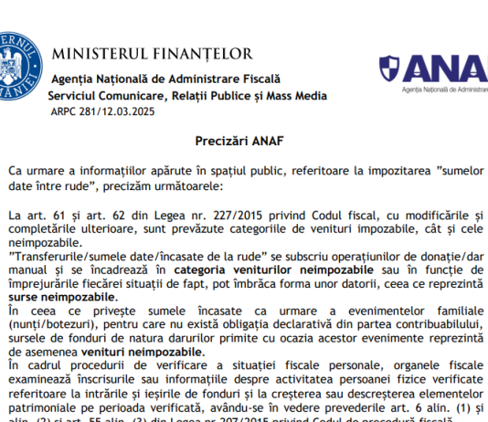 Precizări ANAF – referitoare la impozitarea ”sumelor date între rude”