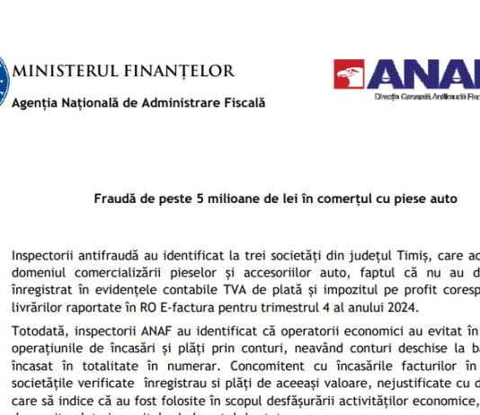ANAF – fraudă de peste 5 milioane de lei în comerțul cu piese auto