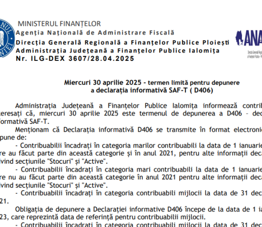 Miercuri, 30 aprilie 2025 – termen limită pentru depunerea declarației informative SAF-T (D406)
