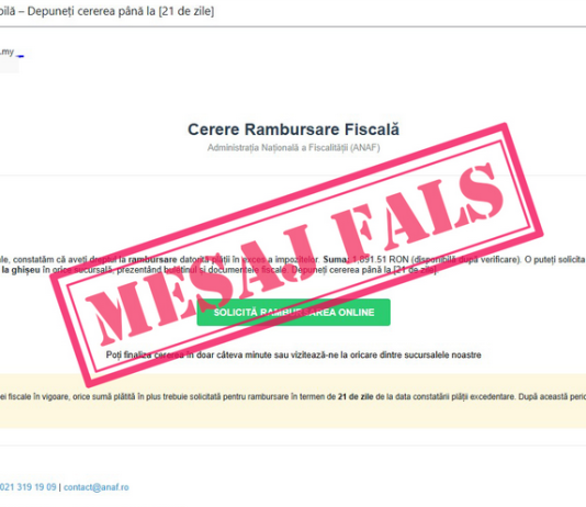 ATENTIE – o noua serie de mailuri false în numele ANAF (cerere de rambursare fiscală)