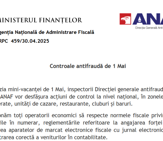 OFICIAL – controale Antifraudă de 1 Mai (în zonele comerciale aglomerate, unități de cazare, restaurante, cluburi și baruri, etc.)