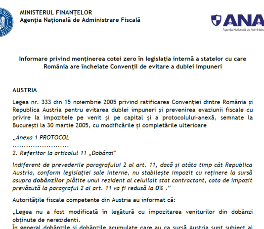 ANAF – informare privind menținerea cotei zero în legislația internă a statelor cu care România are încheiate Convenții de evitare a dublei impuneri