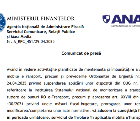 ANAF – serviciul de înrolare în aplicația mobila e-Transport va fi indisponibil în perioada următoare