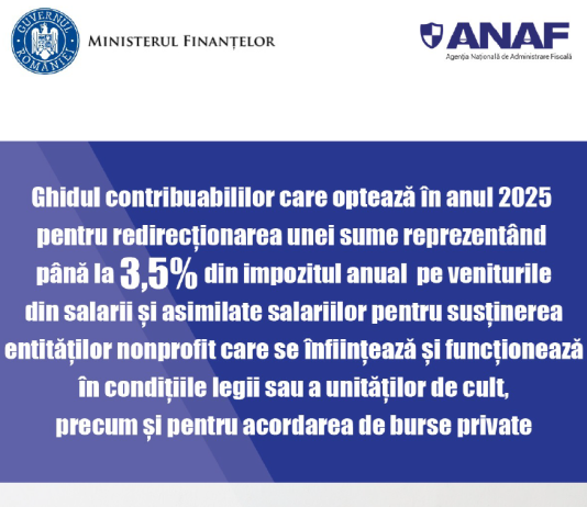 ANAF – ghidul contribuabililor care optează în anul 2025 pentru redirecționarea unei sume reprezentând până la 3,5% din impozitul anual