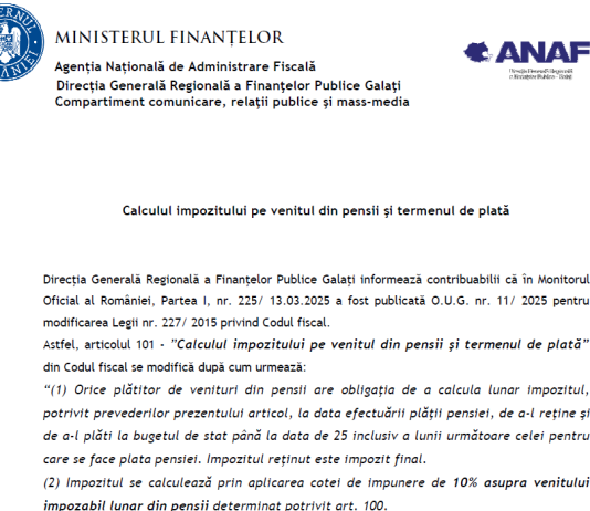 ANAF – calculul impozitului pe venitul din pensii şi termenul de plată