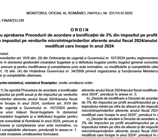 OMF nr. 540/2025 – acordare bonificație de 3% din impozitul pe profit anual și din impozitul pe veniturile microîntreprinderilor (pentru 2024)