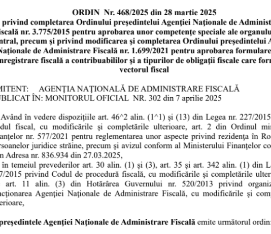 OPANAF nr. 468/2025 – modificări administrare nerezidenți (info oficial si text integral)