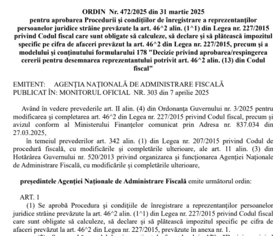 OPANAF nr. 472/2025 – procedura înregistrare reprezentanți (info oficial si text integral)