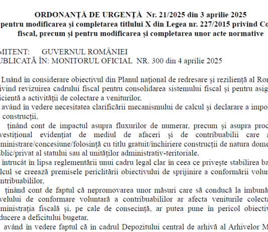OUG nr. 21/2025 – clarificările cu privire la impozit pe construcții (info oficial ANAF si text integral)