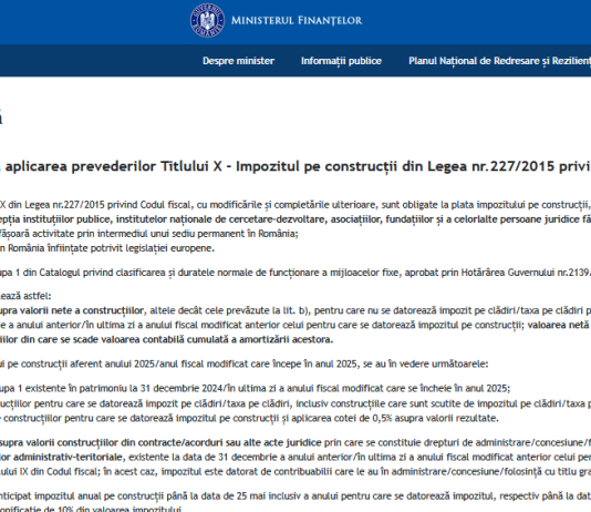 OFICIAL – precizări referitoare la aplicarea prevederilor Titlului X – Impozitul pe construcții din Legea nr. 227/2015 privind Codul fiscal, cu modificările și completările ulterioare
