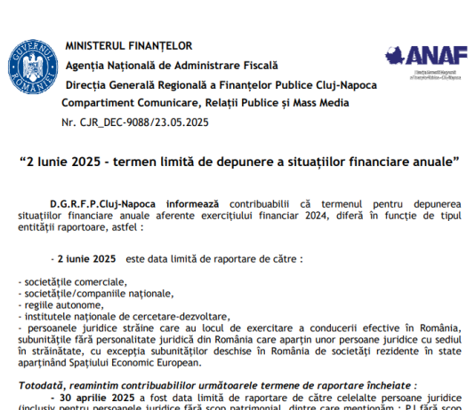 ANAF – 02 Iunie 2025, termen limită de depunere a situațiilor financiare anuale (la 31.12.2024)