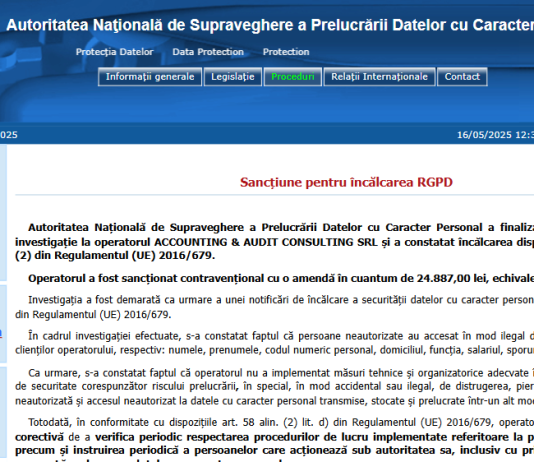 ATENȚIE – o noua sancțiune pentru încălcarea RGPD (GDPR), aplicată unei firme de contabilitate (a doua in aceasta săptămâna)