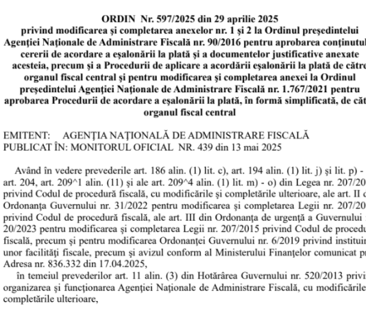 OPANAF nr. 597/2025 – modificări proceduri eșalonare la plată (info oficial și text integral)