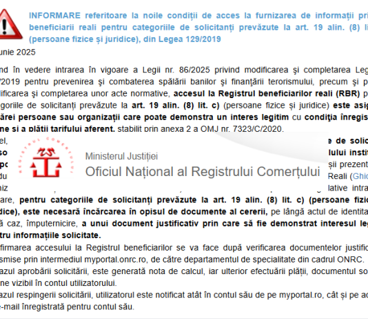 ONRC (iunie 2025) – informare privind noile condiții de acces la furnizarea de informații privind beneficiarii reali