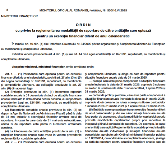 OMF nr. 899/2025 – reglementarea modalității de raportare de către entitățile care optează pentru un exercițiu financiar diferit de anul calendaristic