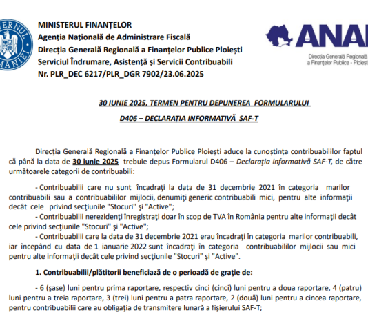 Formularul D406 (declarația informativă SAF-T) – noi informații de la ANAF cu privire la termenul de depunere