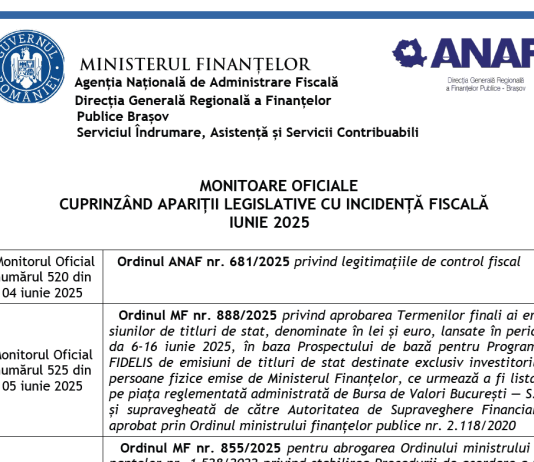 ANAF – monitoare oficiale cuprinzând apariții legislative cu incidență fiscală (din luna iunie 2025)