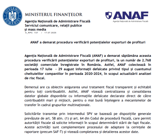 NEWS – ANAF a publicat o serie de clarificări cu privire la solicitările transmise prin SPV (raportare 2020-2024)