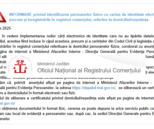 ONRC – INFORMARE privind identificarea persoanelor fizice cu cartea de identitate electronică, precum și înregistrările în registrul comerțului, referitor la domiciliul/reședința
